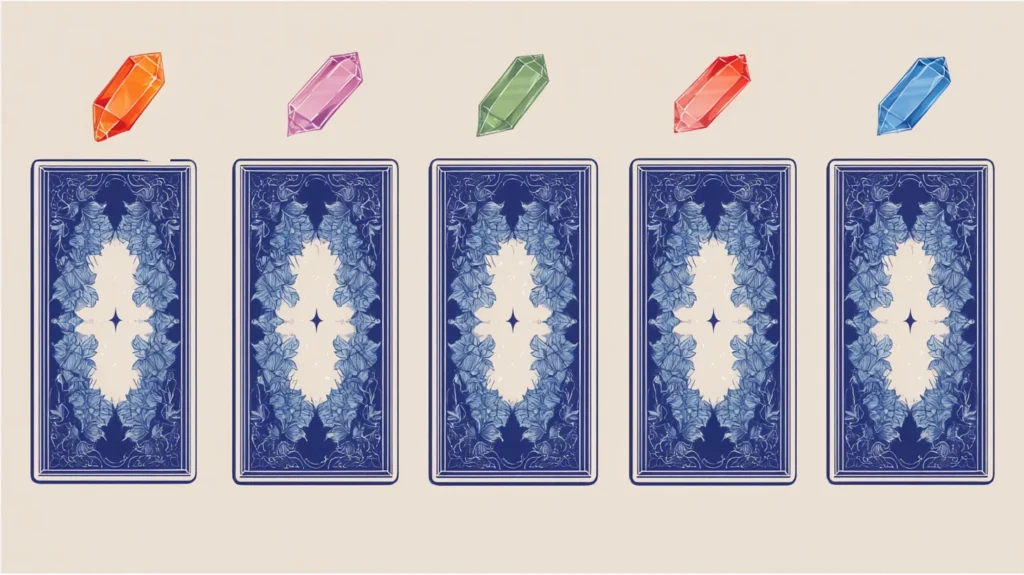 재회운 타로 카드 선택 - 주황보석, 보라 보석, 초록 보석, 빨간 보석, 파란 보석 순으로 타로카드가 펼쳐져있음